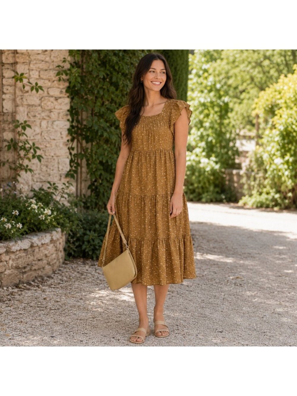 Madewell Ruffle sleeve Tiered Midi Daisy Stitch Sundress Womens Dress
